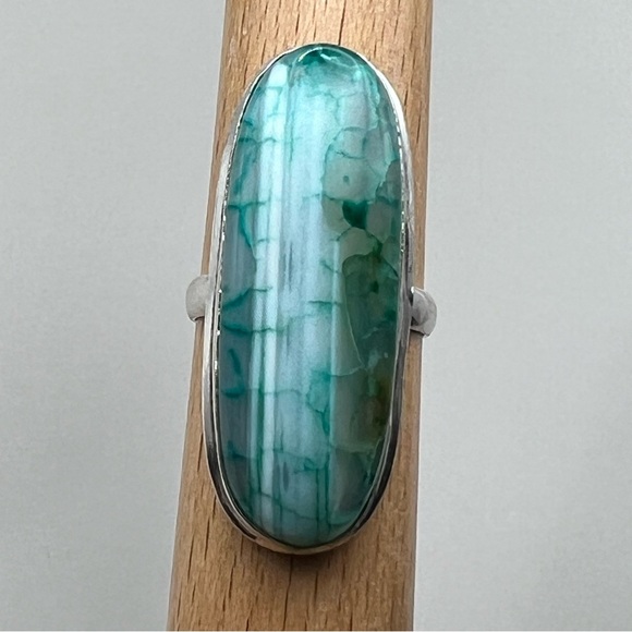 New Green Enhanced Botswana Dragon Vein Agate Stone Silver Overlay Ring Size 8.5 - Picture 7 of 10
